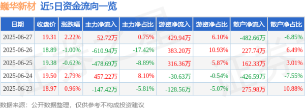 富隆咨询 巍华新材（603310）6月27日主力资金净买入52.72万元